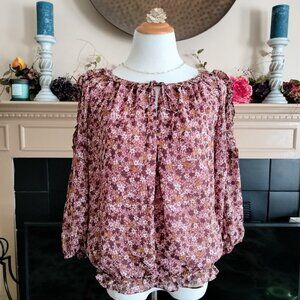 Max Studio Ditsy Floral Chiffon Top L Ruffles Cold Shoulder Lined Blouson Waist